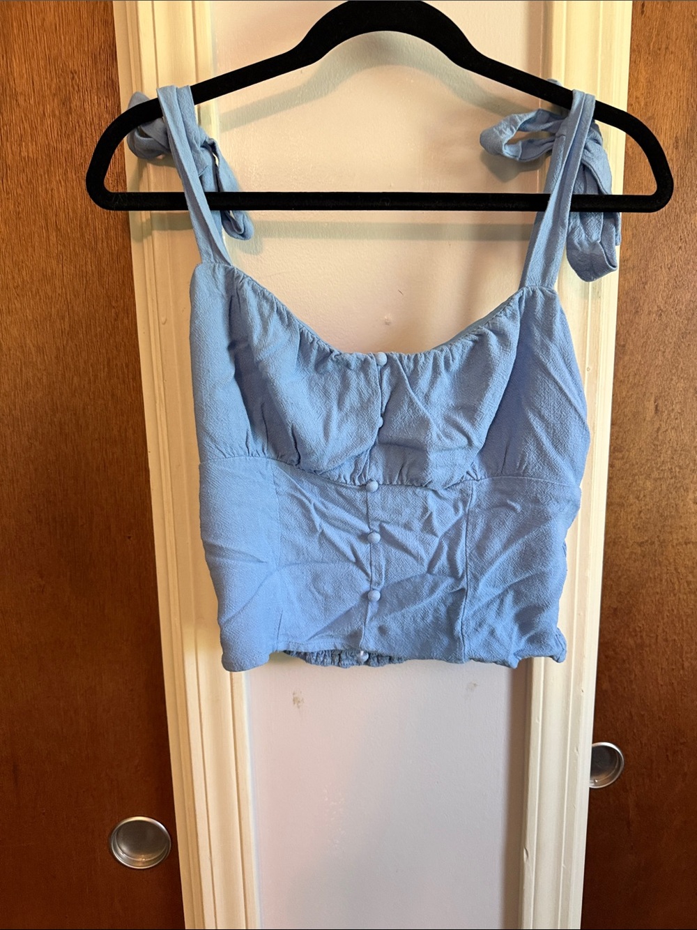 Light Blue Tie-Shoulder Crop Top and Pants Outfit